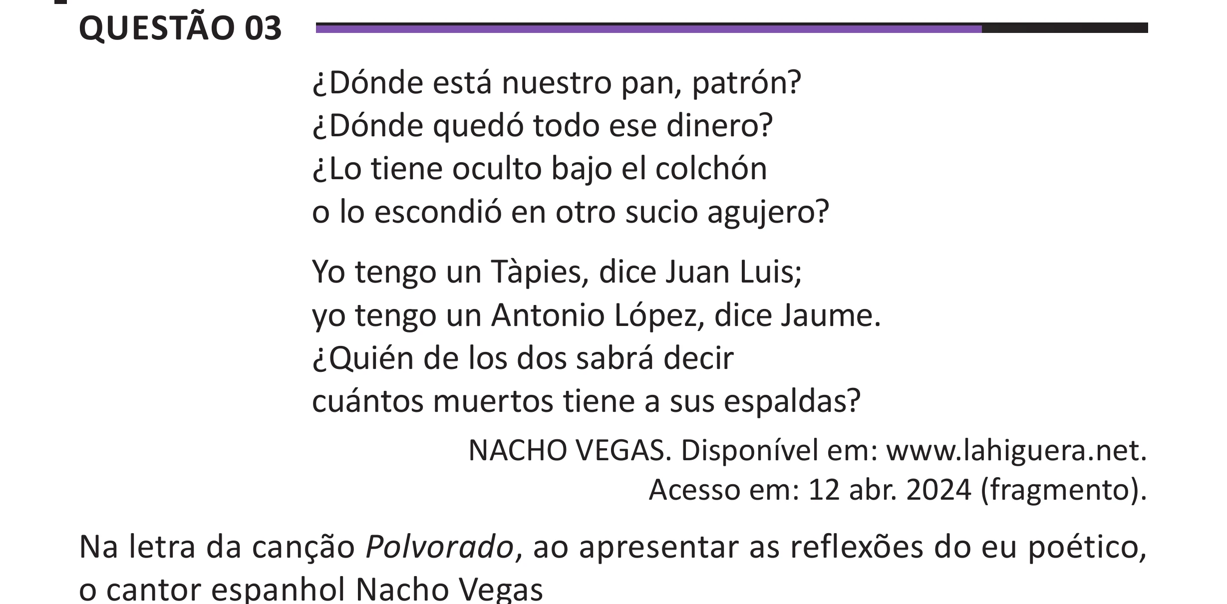 Enunciado original completo da questão 3 (espanhol) do ENEM 2025 - 1º Dia – Caderno 10 – Roxo (Libras) – Aplicação Regular - (Superampliada), página 10.