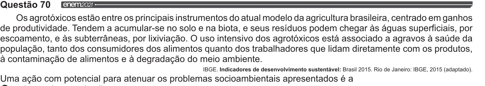 Enunciado original completo da questão 70 do ENEM 2021 - 1º Dia – Caderno 4 – Rosa – Reaplicação/PPL/Segunda Oportunidade, página 26.