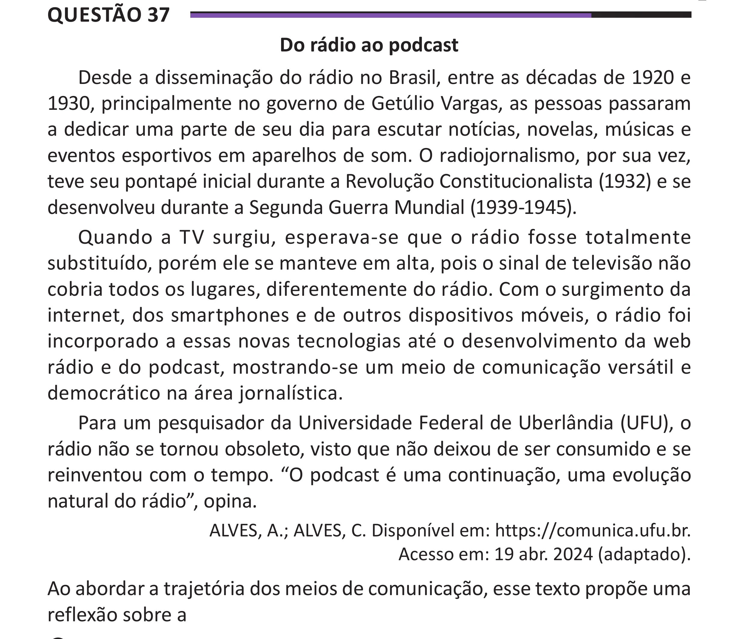 Enunciado original completo da questão 37 do ENEM 2025 - 1º Dia – Caderno 10 – Roxo (Libras) – Aplicação Regular - (Superampliada), página 43.