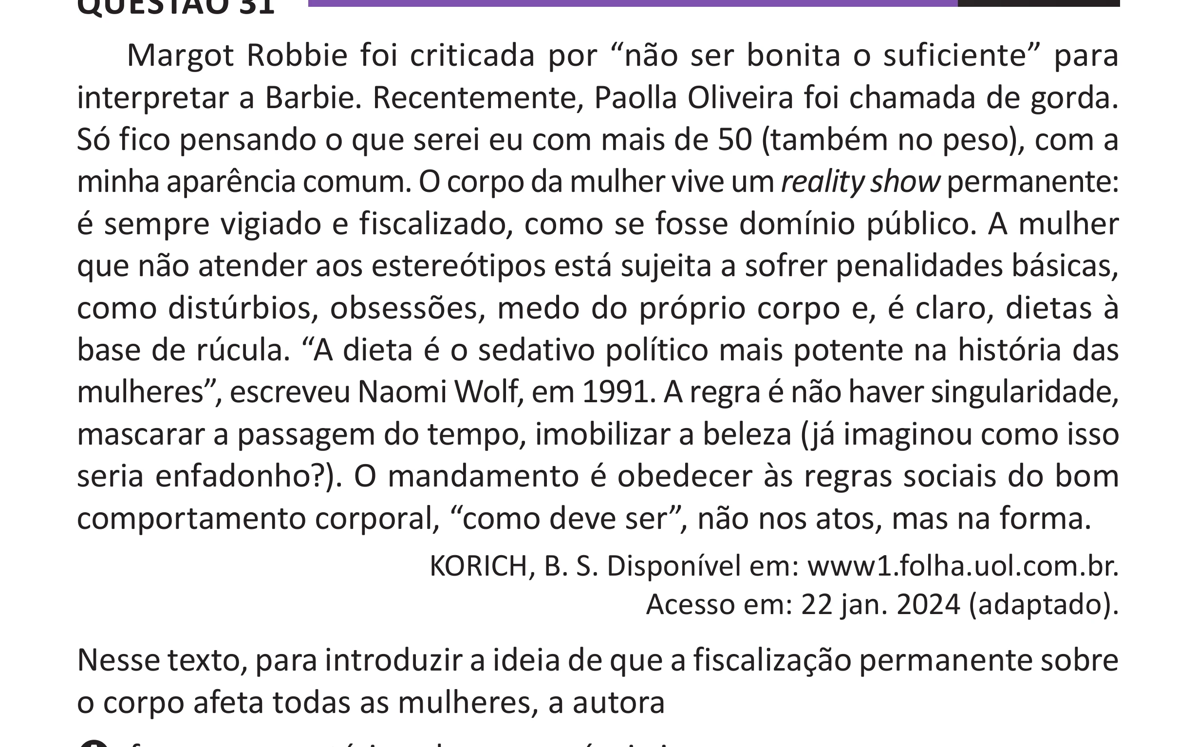 Enunciado original completo da questão 31 do ENEM 2025 - 1º Dia – Caderno 10 – Roxo (Libras) – Aplicação Regular - (Superampliada), página 37.