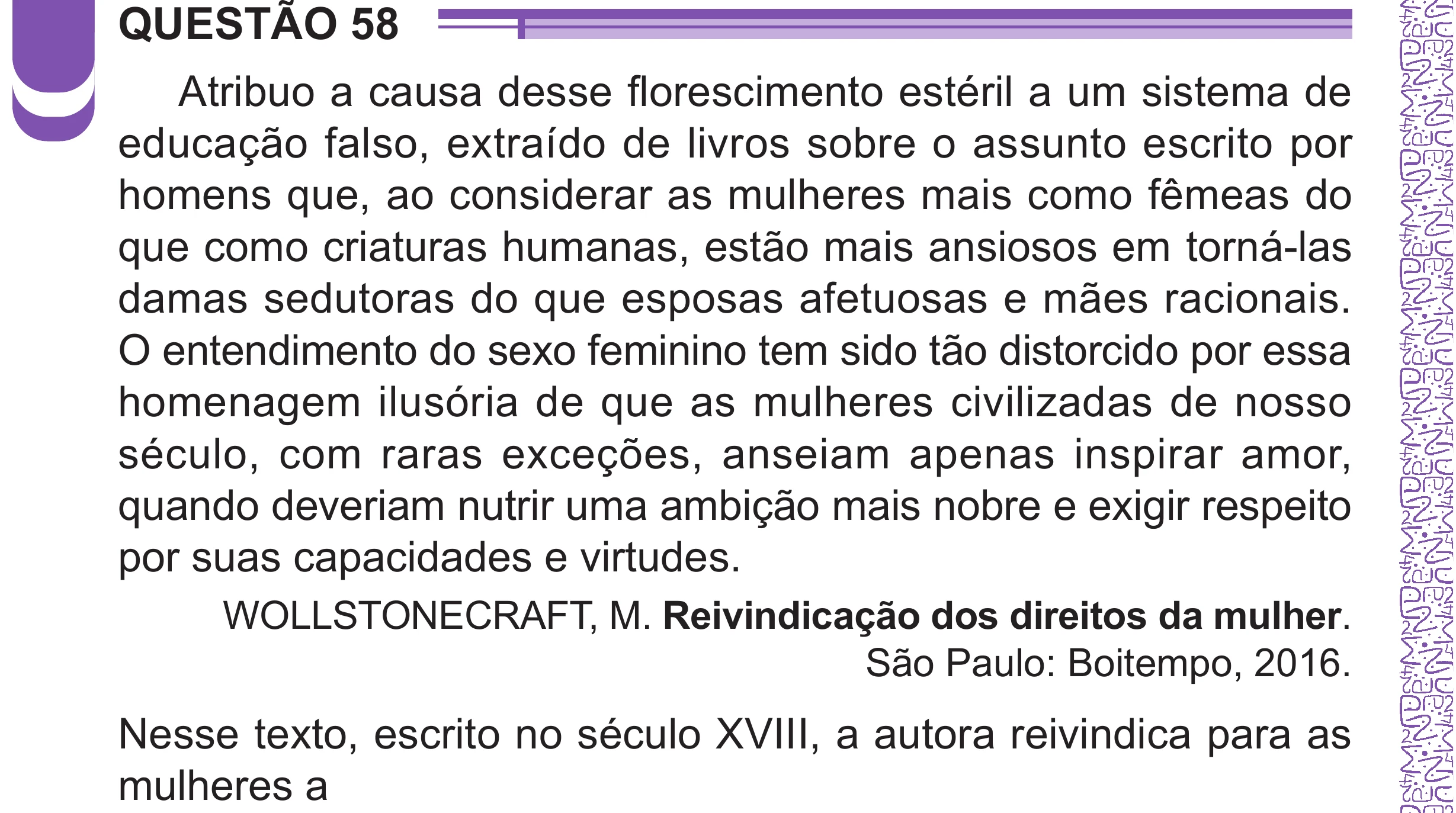 Enunciado original completo da questão 58 do ENEM 2024 - 1º Dia – Caderno 10 – Roxo (Libras) – Aplicação Regular - (Superampliada), página 70.