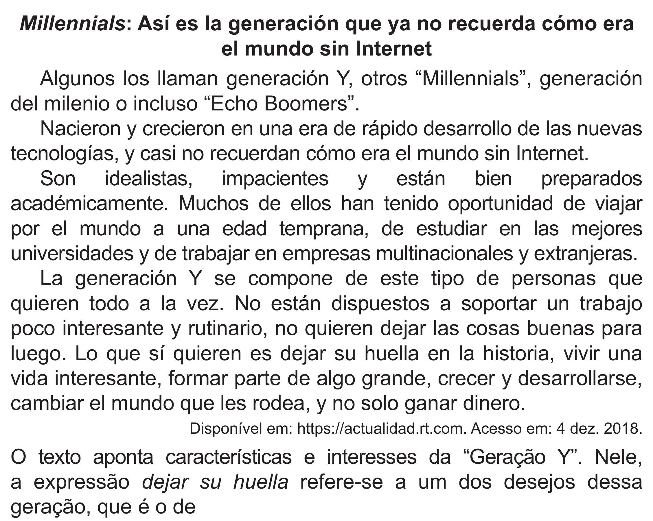 Enunciado original completo da questão 1 (espanhol) do ENEM 2019 - 1º Dia – Caderno 2 – Amarelo (Superampliada) – Aplicação Regular, página 7.