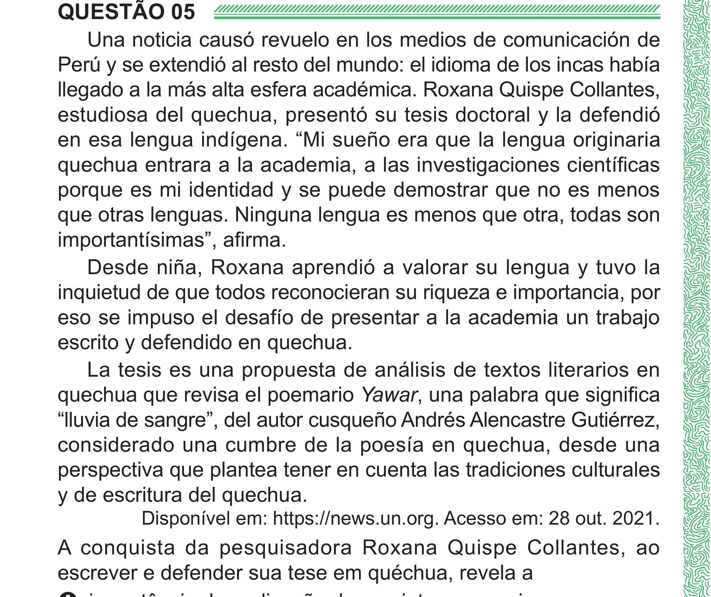 Enunciado original completo da questão 5 (espanhol) do ENEM 2024 - 1º Dia – Caderno 4 – Verde (Superampliada) – Reaplicação/PPL, página 12.