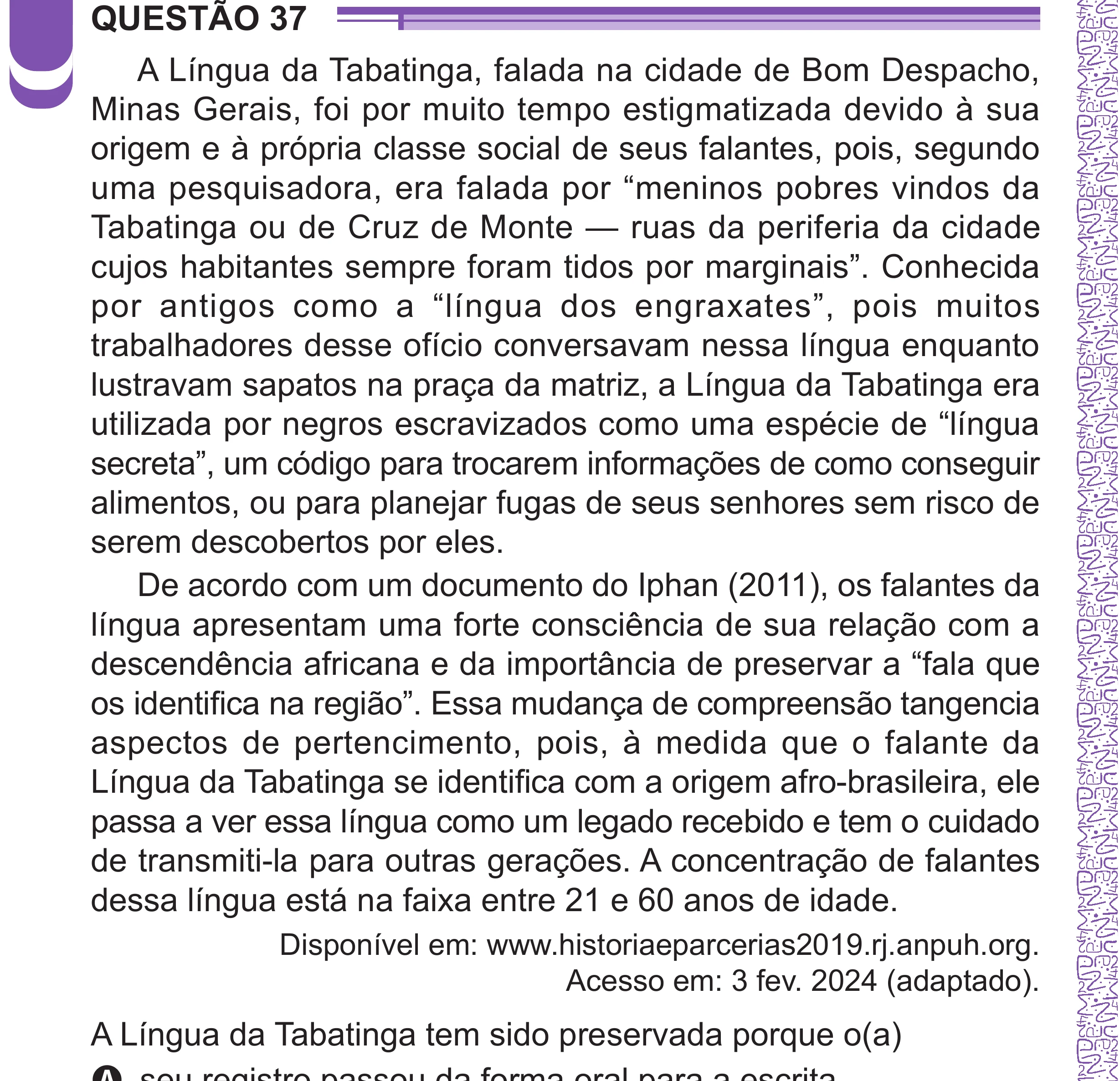 Enunciado original completo da questão 37 do ENEM 2024 - 1º Dia – Caderno 10 – Roxo (Libras) – Aplicação Regular - (Superampliada), página 48.