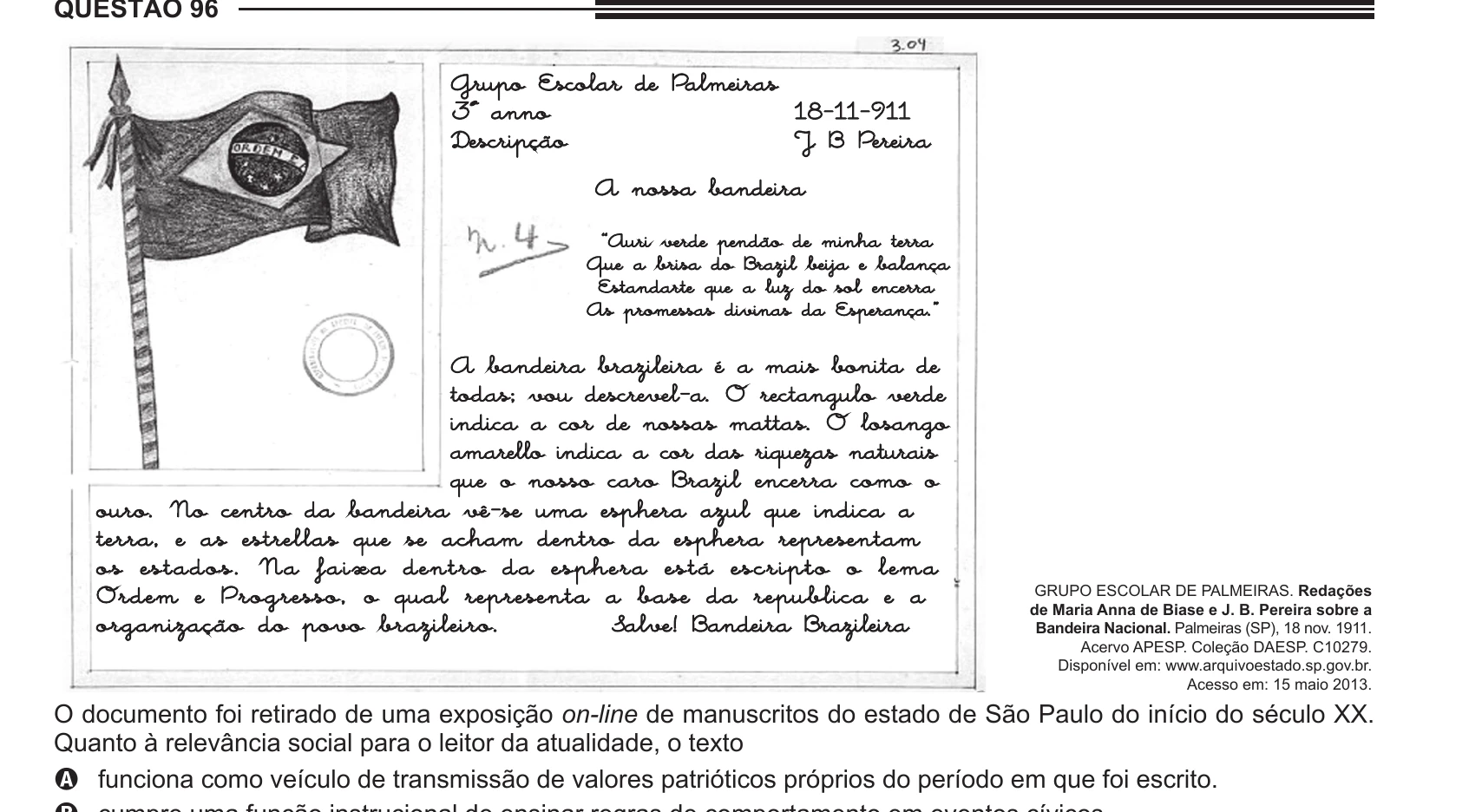 Enunciado original completo da questão 96 do ENEM 2013 - 2º Dia - Caderno 7 - Azul – Aplicação regular, página 6.