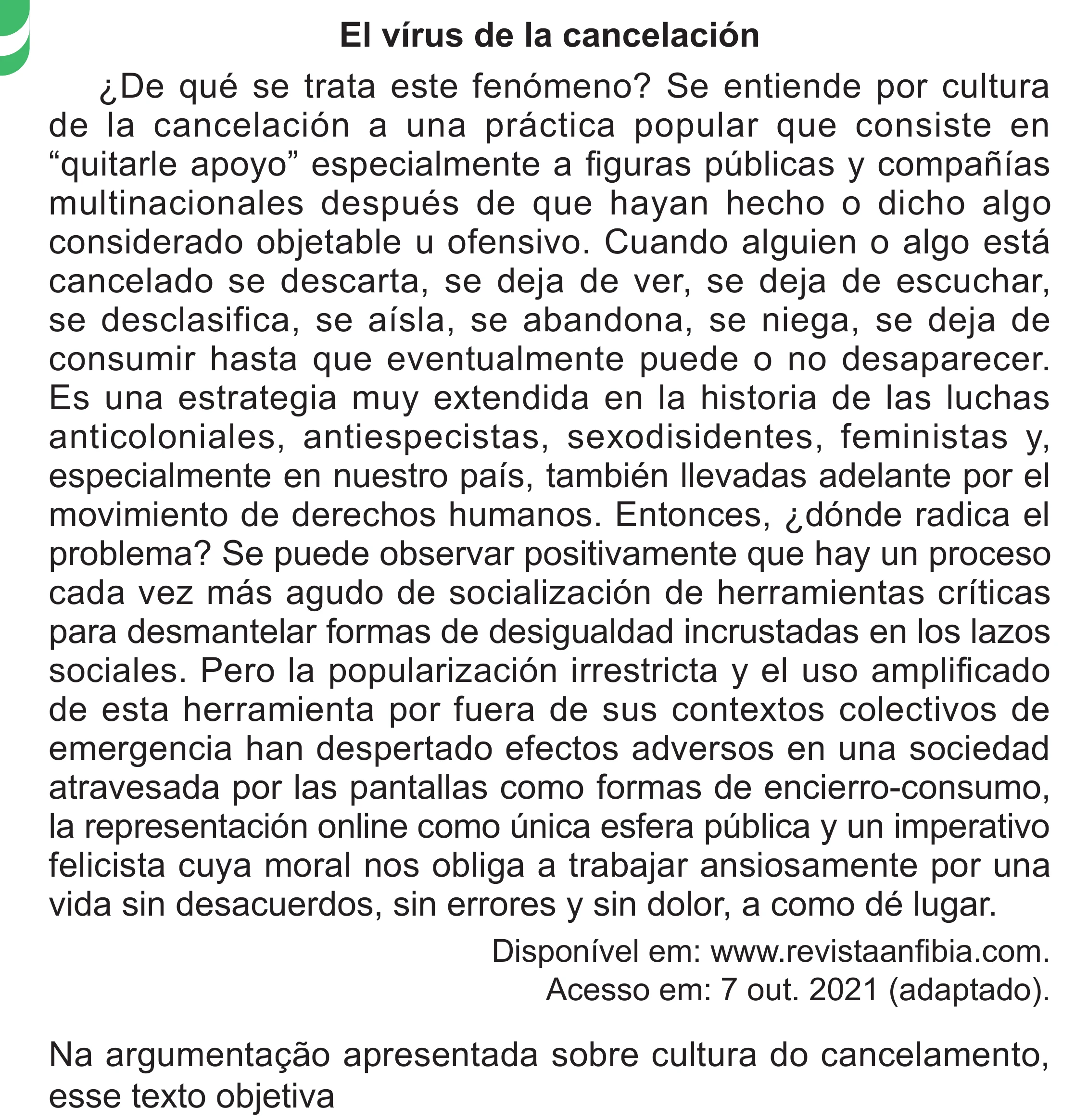 Enunciado original completo da questão 3 (espanhol) do ENEM 2024 - 1º Dia – Caderno 4 – Verde – Aplicação Regular - (Superampliada), página 10.