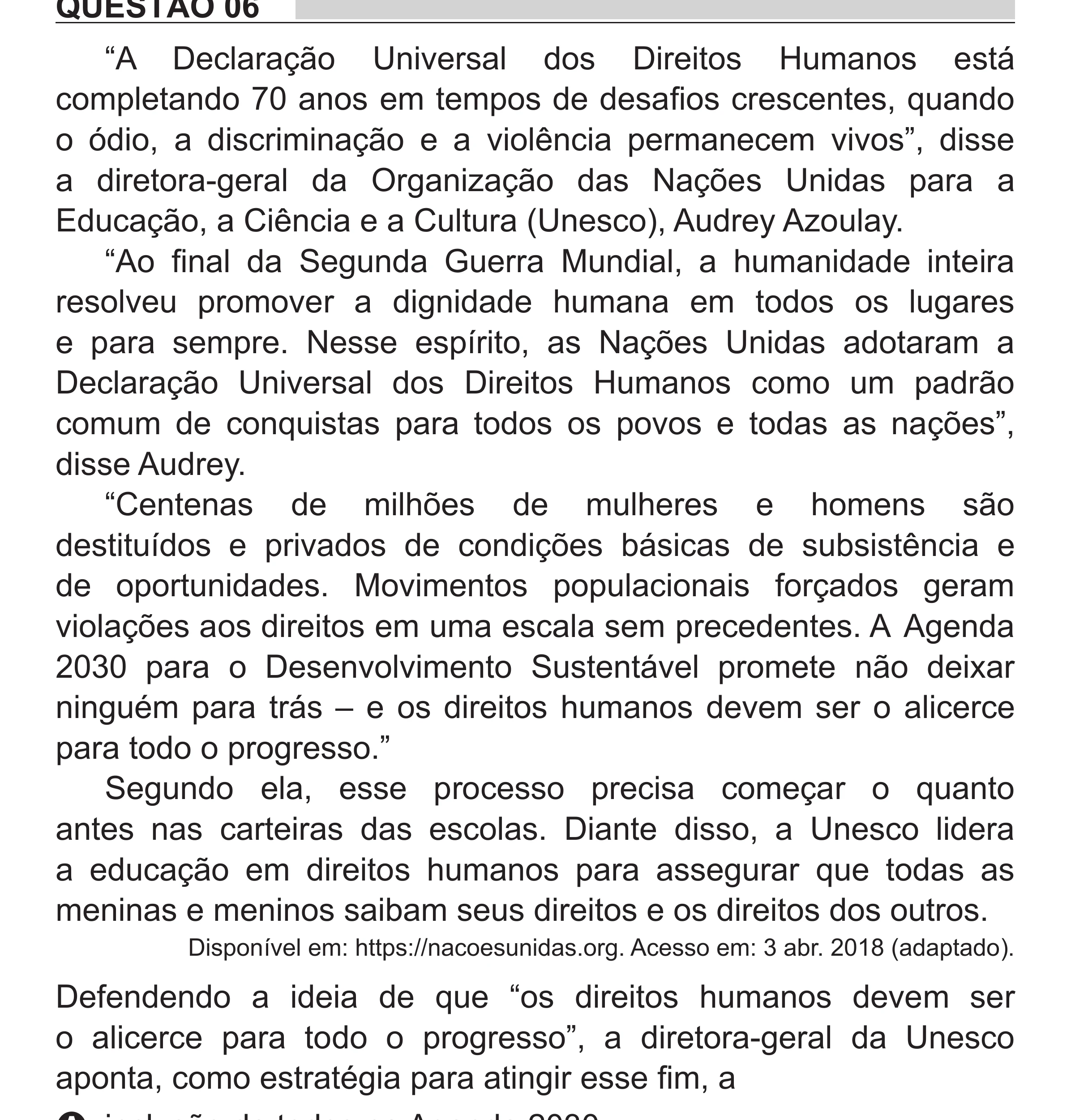 Enunciado original completo da questão 6 do ENEM 2018 - 1º Dia - Caderno 1 - Azul (Superampliada) – Aplicação regular, página 12.