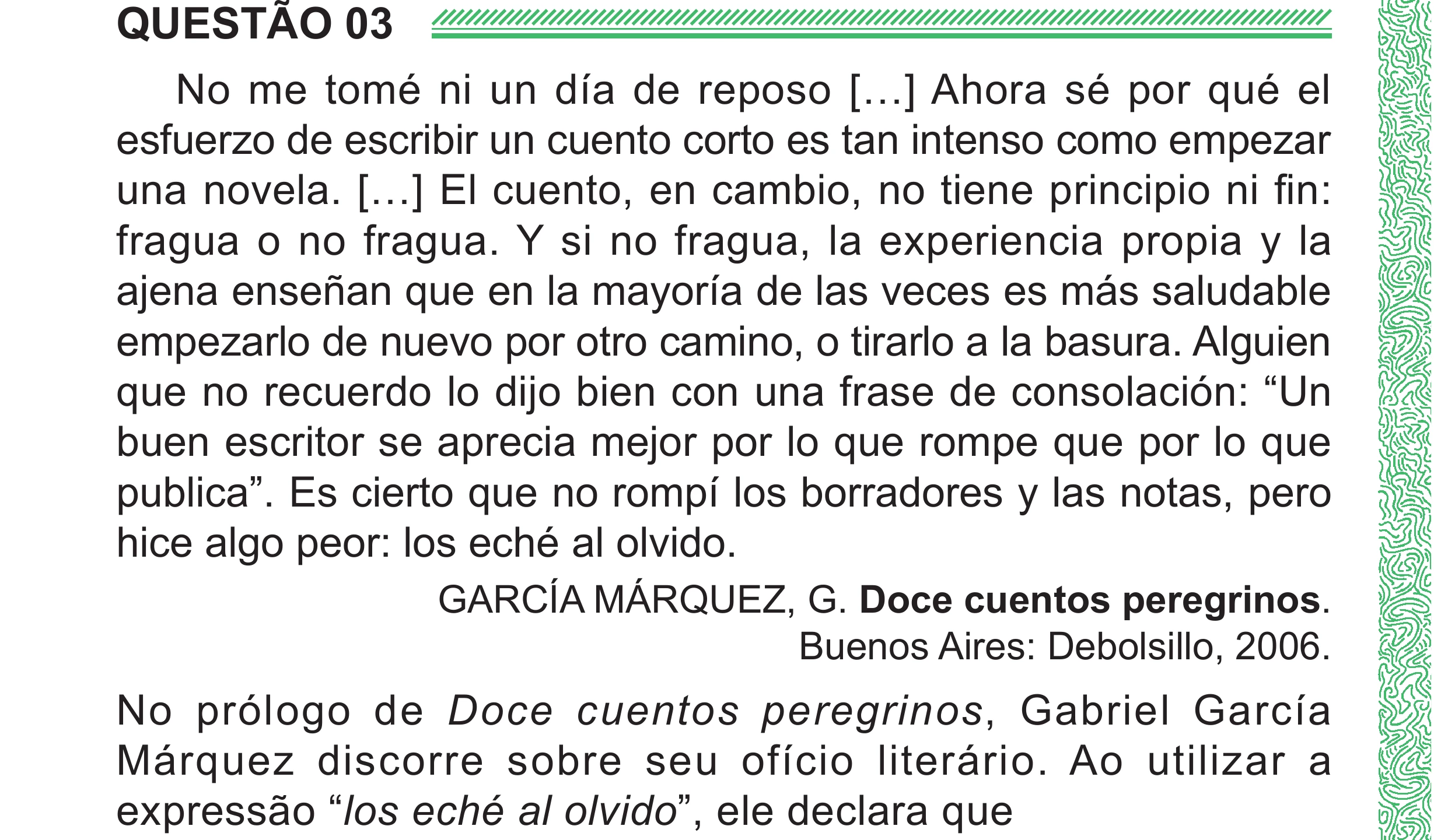 Enunciado original completo da questão 3 (espanhol) do ENEM 2024 - 1º Dia – Caderno 4 – Verde (Superampliada) – Reaplicação/PPL, página 10.