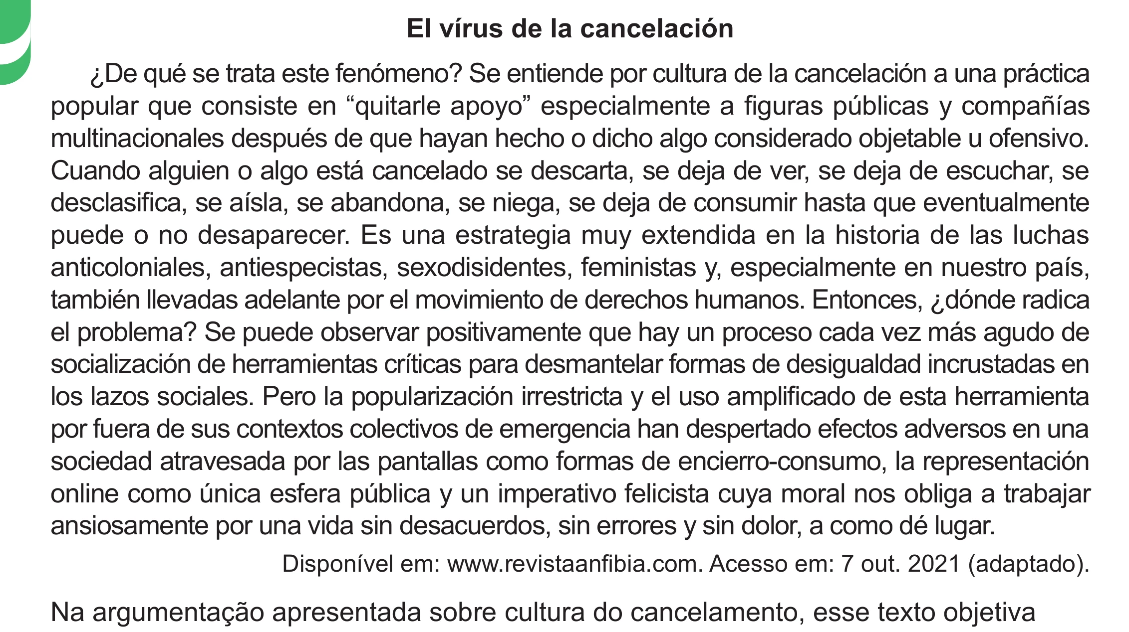 Enunciado original completo da questão 3 (espanhol) do ENEM 2024 - 1º Dia – Caderno 4 – Verde – Aplicação Regular - (Ampliada), página 8.