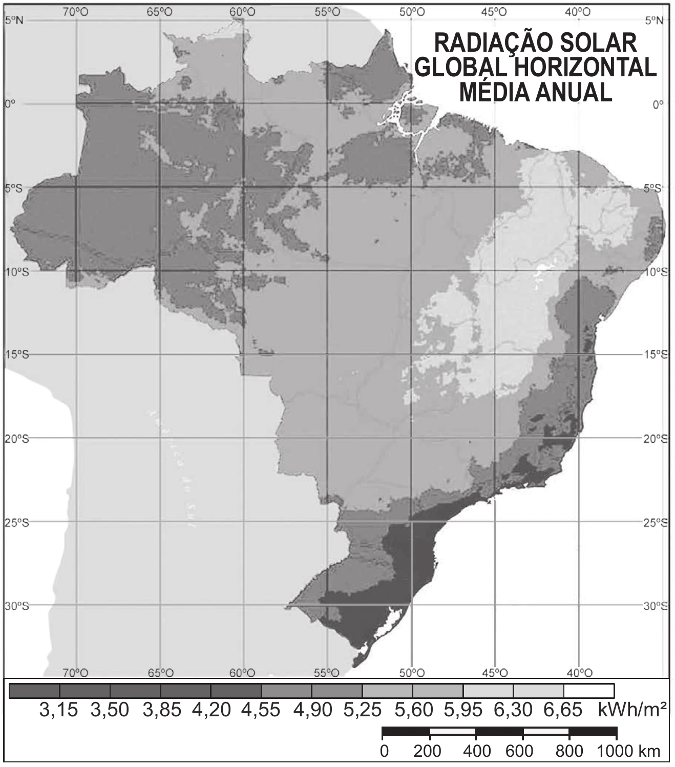 Mapa completo da radiação solar global horizontal média anual no Brasil, com escala em kWh por metro quadrado e legenda.
