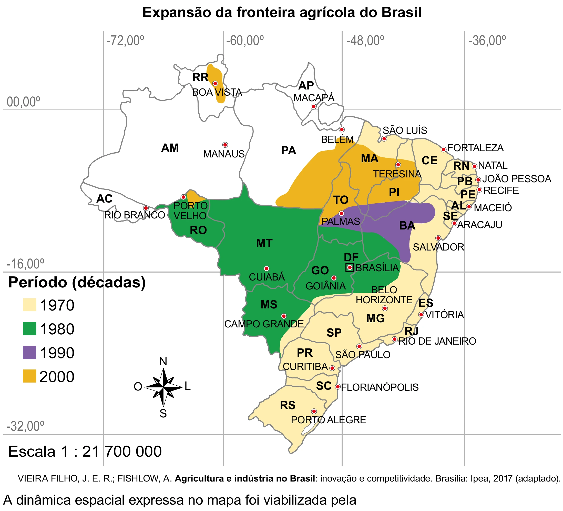 Mapa completo da expansão da fronteira agrícola do Brasil, com todas as regiões, cidades e legenda; questão 63 do ENEM 2023.