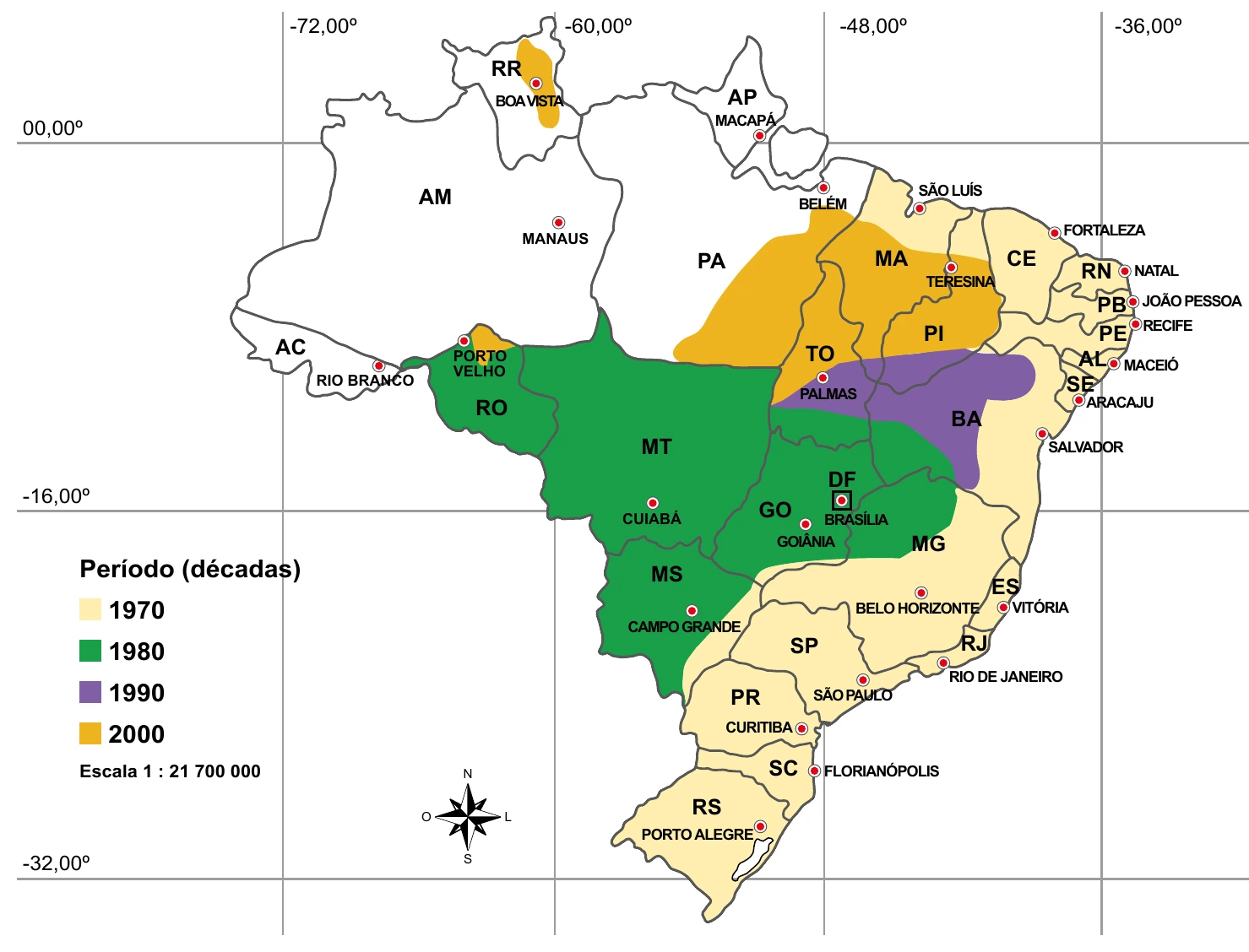 Mapa completo da expansão da fronteira agrícola do Brasil, com todas as regiões, cidades e legenda; questão 73 do ENEM 2023.